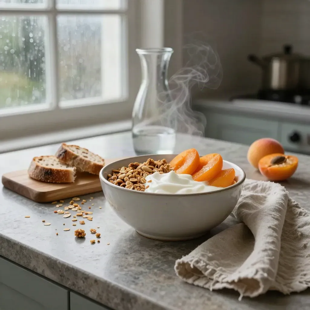 Ontbijtkom met yoghurt, granola en abrikoos op stenen keukenblad bij regenachtig ochtendlicht.