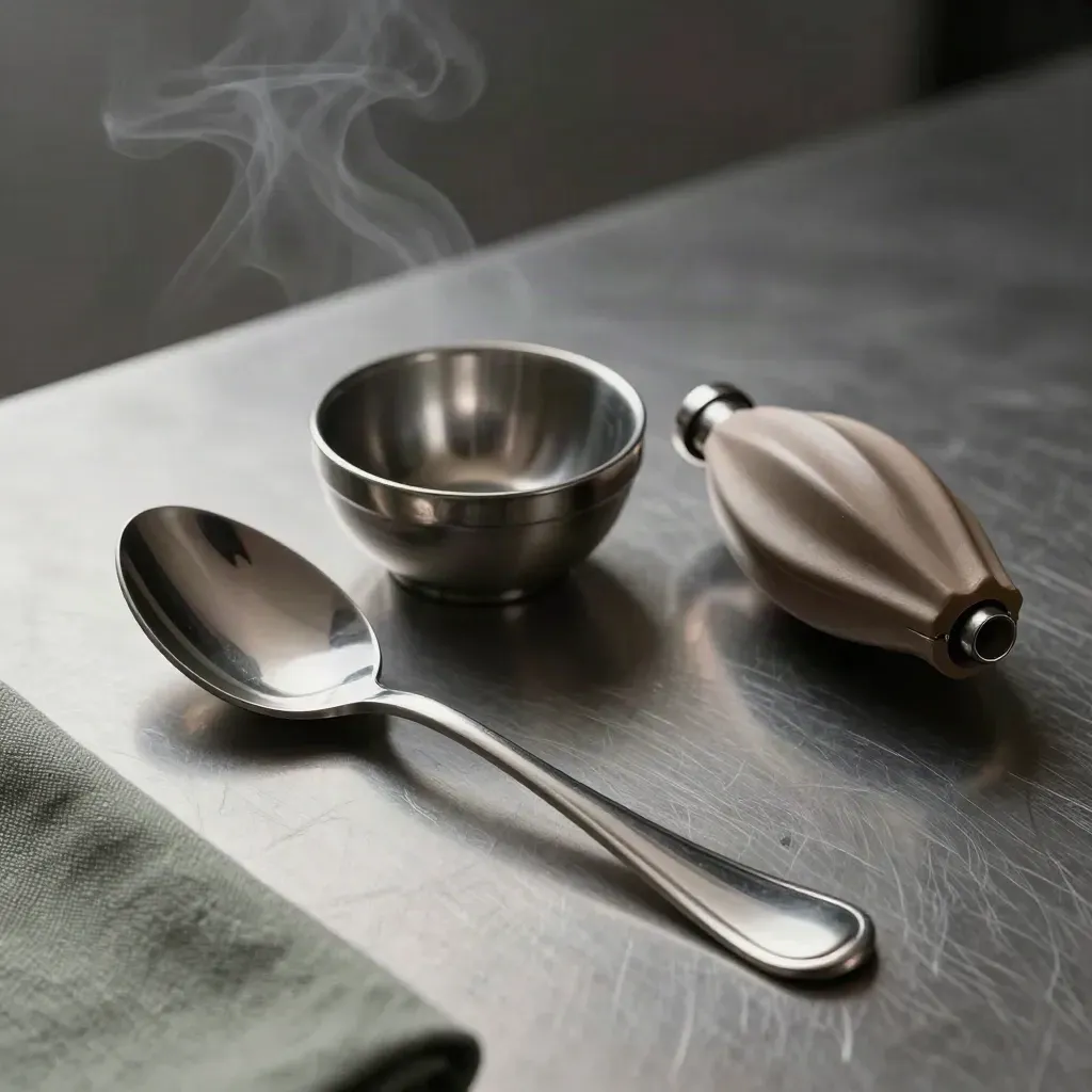 Opscheplepel, bain-marie schaal en citruspers op geborsteld staal in hotelontbijtsetting.