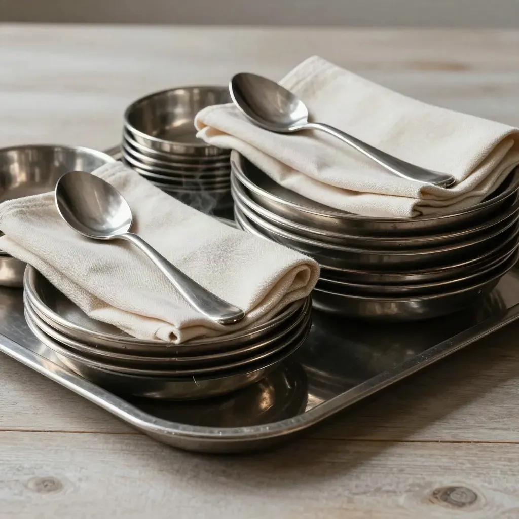 Cateringtray met gastronorm-bakken, serveerlepels en linnen op licht hout met stoom.