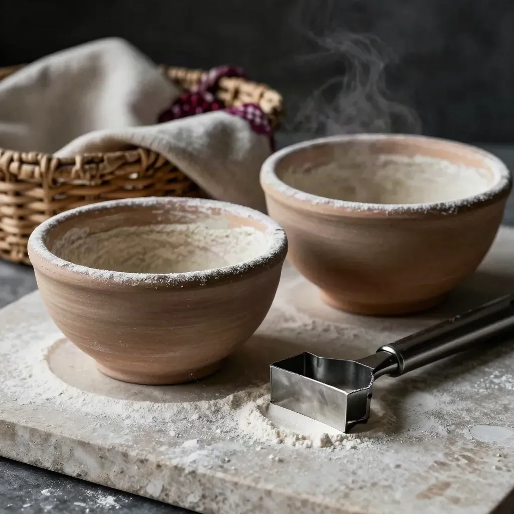 Bakset met twee deegkommen, rijsmand en deegsnijder op kalksteen met bloemstof