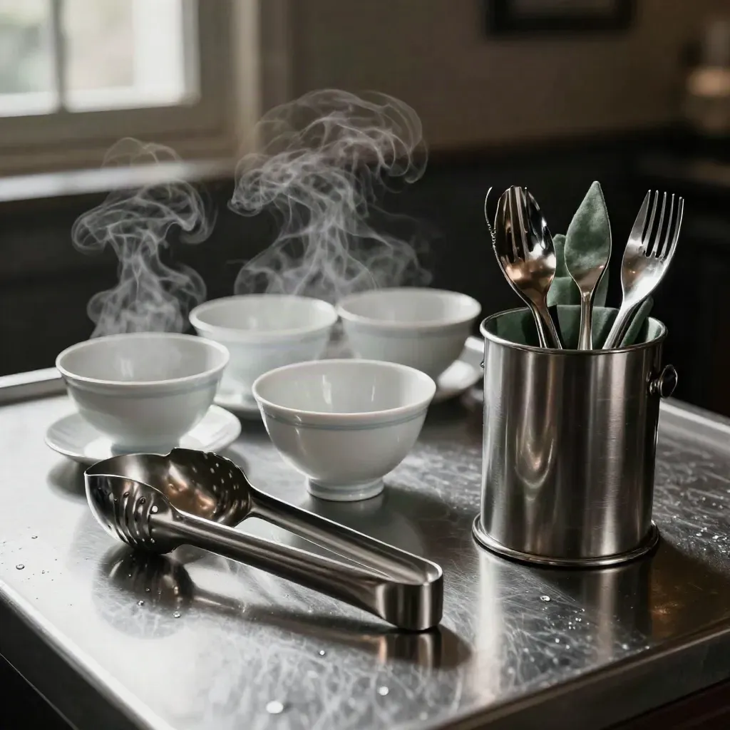 Hotelbuffet met tang, warmhoudschep, coupes en bestekbakje op geborsteld staal.