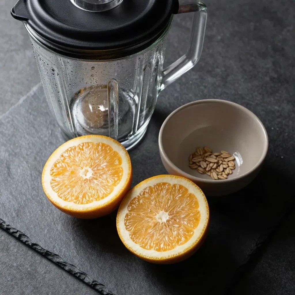 Glazen blenderkan met citrushelften en een klein schaaltje op steen in zacht contrast