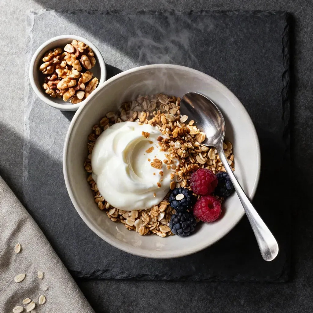 Overhead ontbijtkom met yoghurt, granola, noten en bessen op donkere steen.