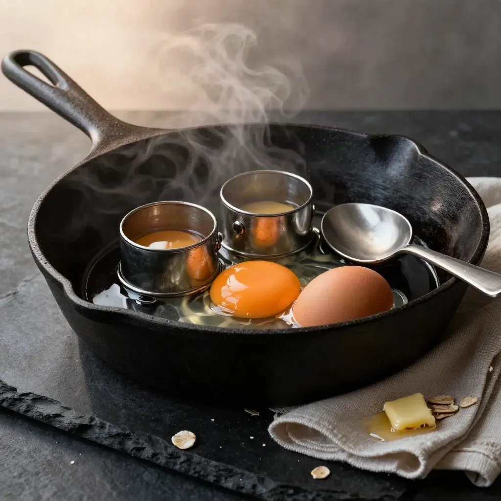 Gietijzeren skillet met eierringen, lepel en servet op zwarte steen voor weekendbrunch.