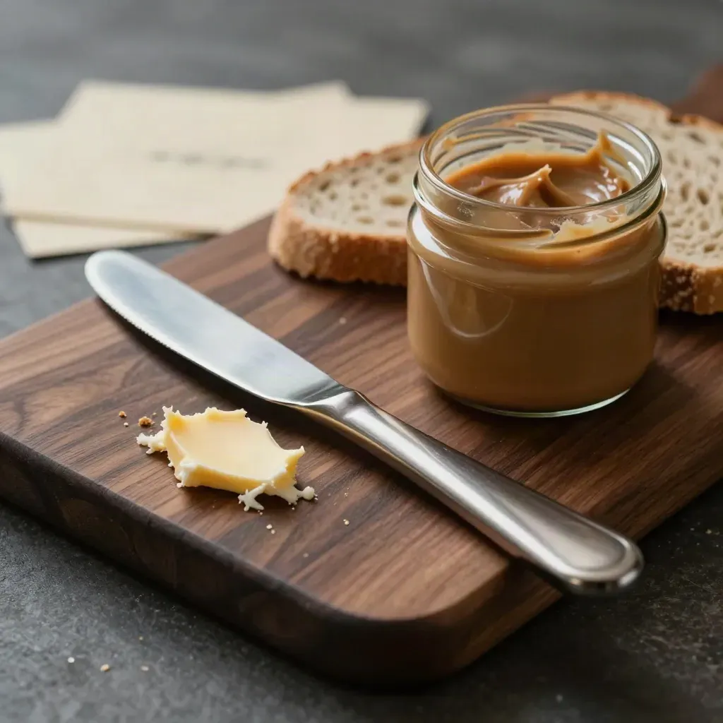 Broodplank met kaasschaaf, botermes en potje notenpasta op donker hout