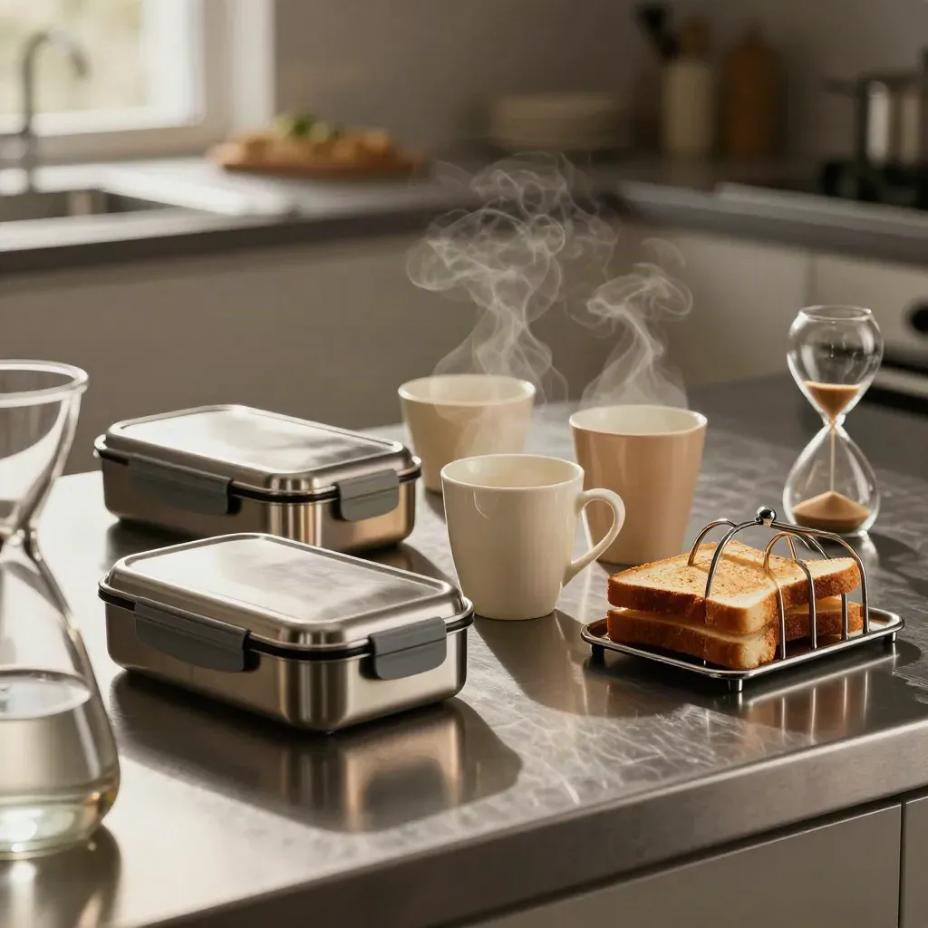 Broodtrommels, kindvriendelijke bekers, toastrek en zandloper op brushed steel in warme ochtendsfeer.