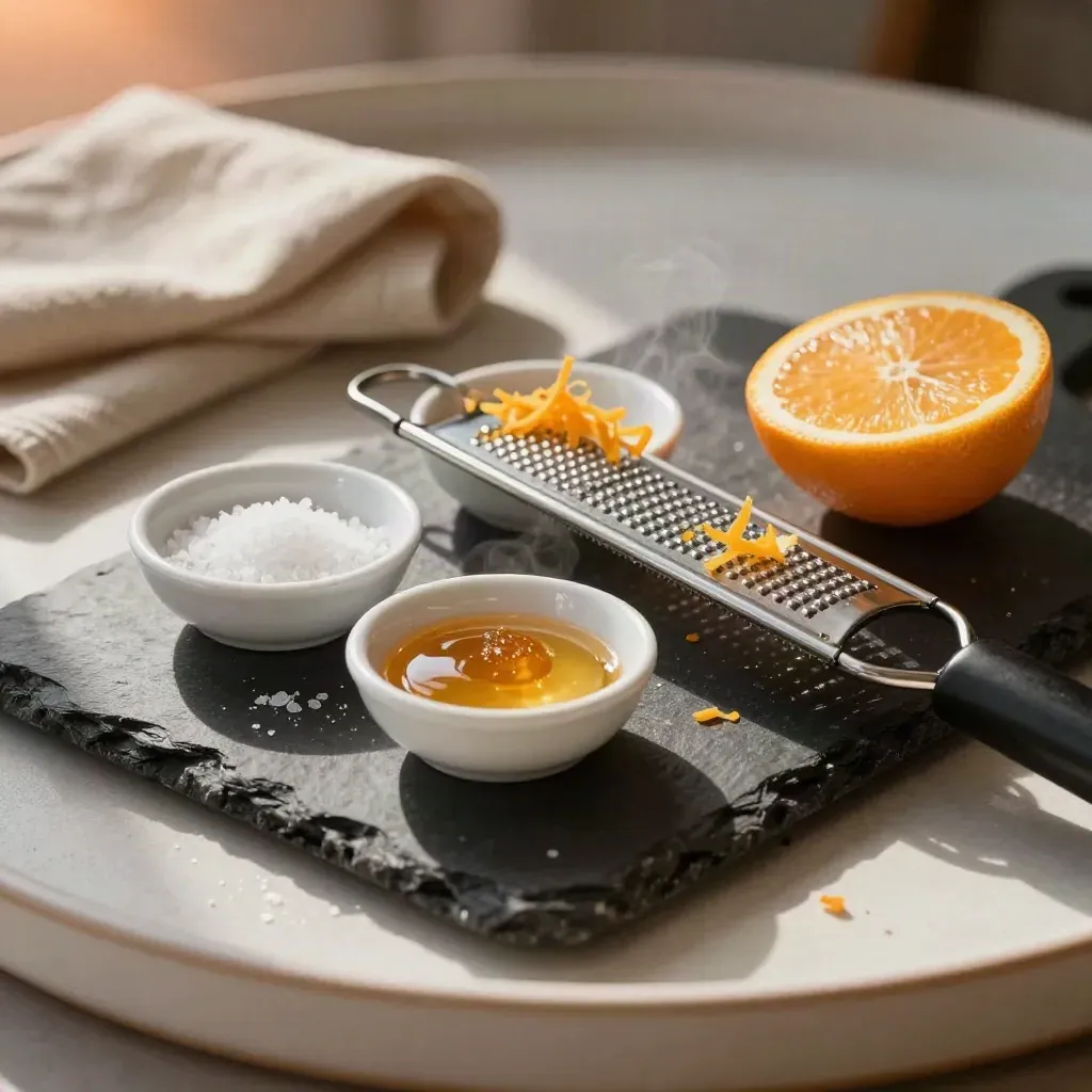 Tastingset met porseleinen schaaltjes, rasp, zeezout en citrusschil op donkere steen.