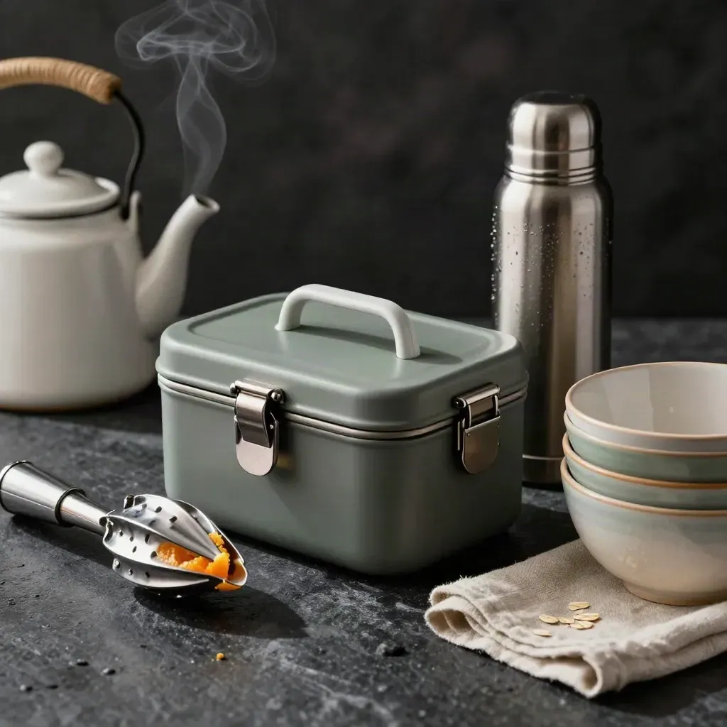 Ontbijtstation met lunchbox, thermos, citruspers en bowls op donkere steen, met stoom.