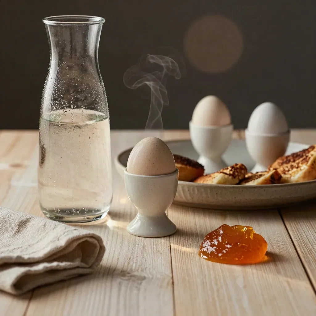 Brunchset met karaf, eierdopjes, serveerschaal en linnen servet op licht hout