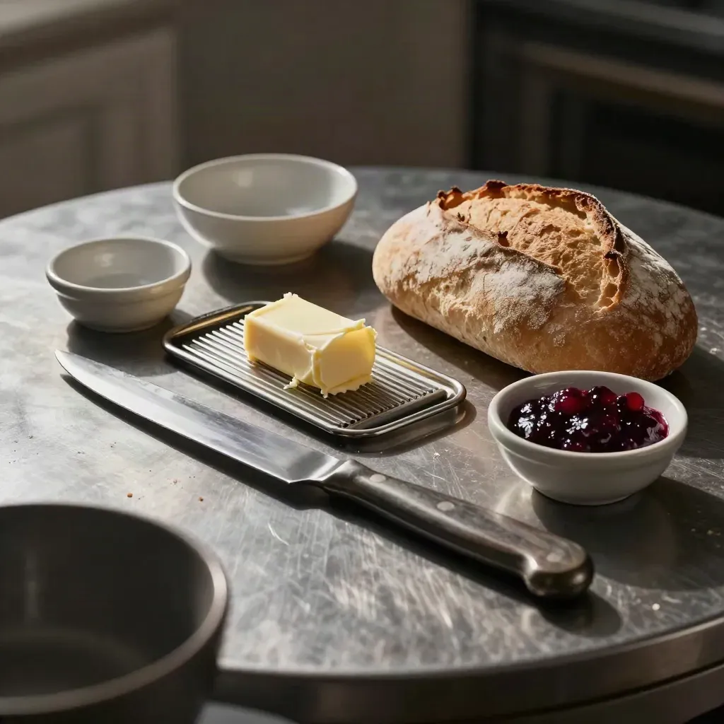 Lunchset met kaasschaaf, boterdish, schaaltjes, broodmes en brood op metaal.