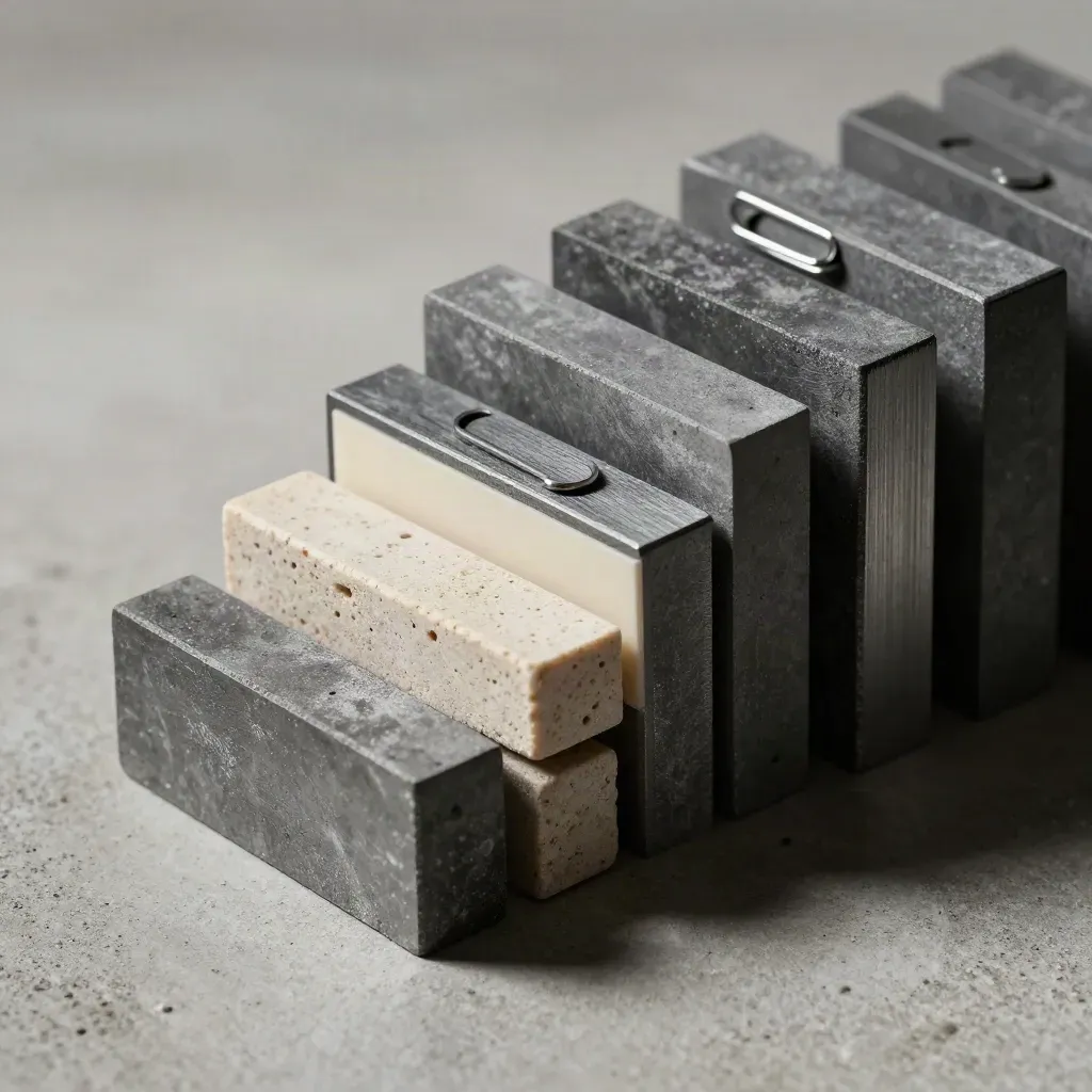 Modulaire grafietblokken en paperclip-klemmen op beton met een beige steenplaat.