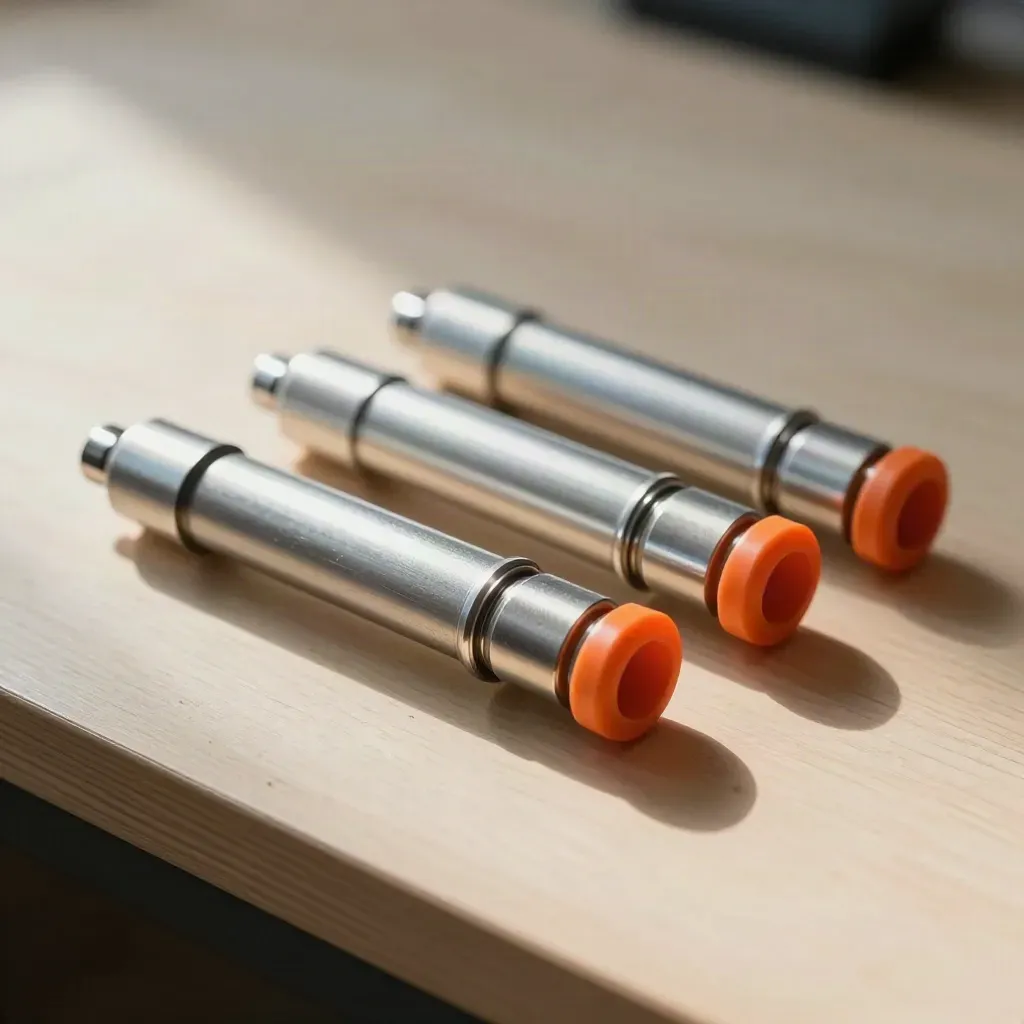 Aluminium railsysteem met koppelingen en oranje tabs op licht hout, in zacht daglicht.